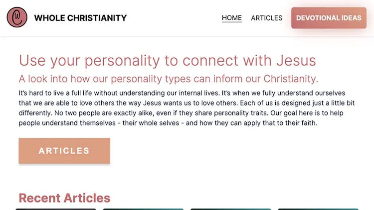 A screenshot of wholechristianity.com, designed by Midlo Web Design
